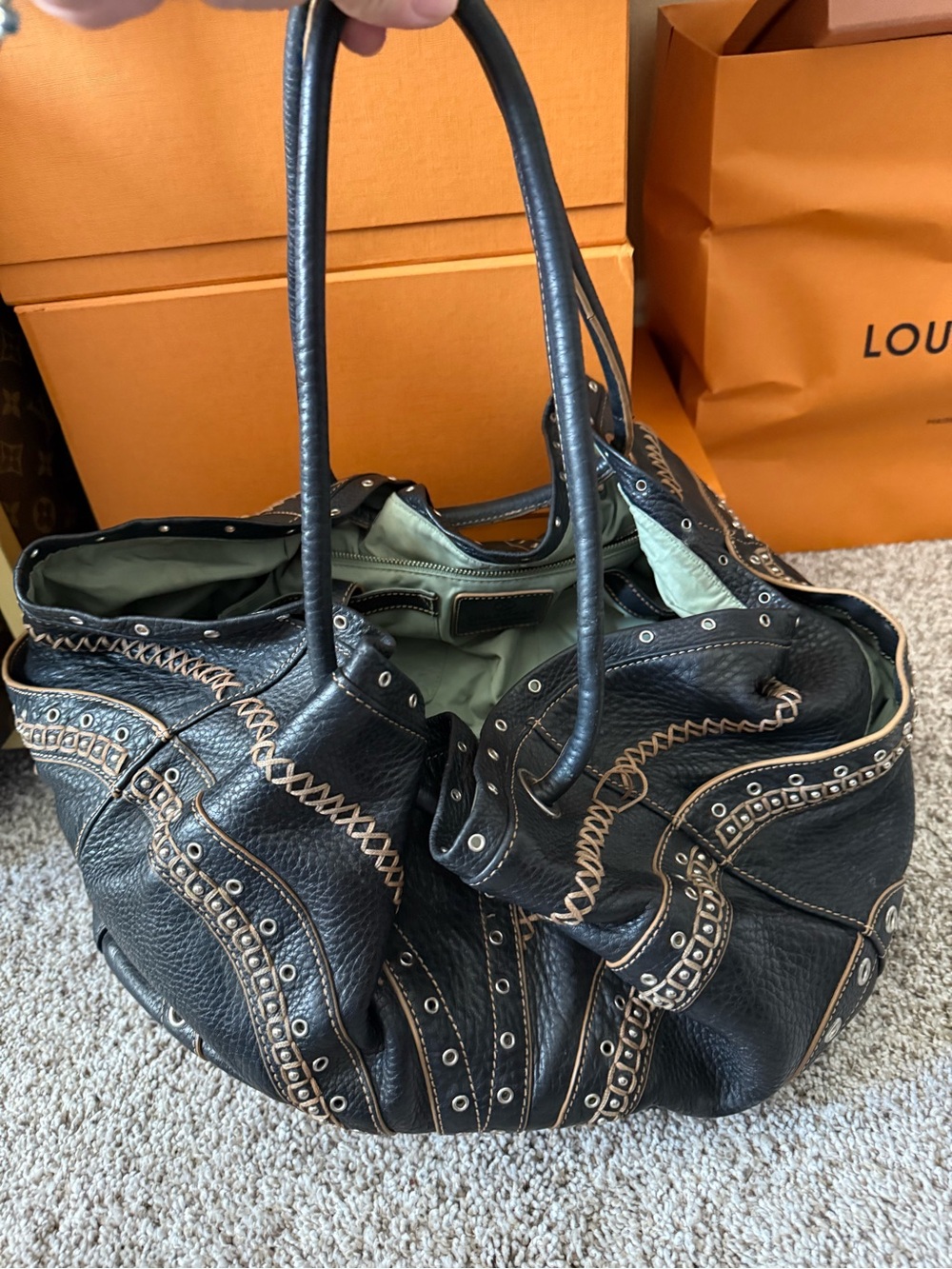 Cole Haan Black Leather Studded & Whipstitch Tote